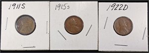 1911-S, 1915-S, 1922-D LINCOLN CENTS F-VF