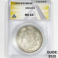 1921-D Morgan Silver Dollar ANACS MS64