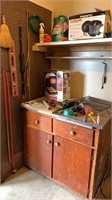 Wooden garage cabinet, contents on top/on shelf,