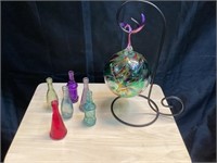 Blown Glass Ornament & Small Colorful Bottles