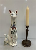 Ceramic Cat Marked MK & Candleholder