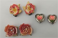 3 Pairs of Vintage Floral Celluloid Ear Clips