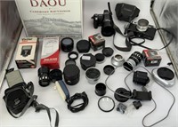 BOX OF ASSORTED CAMERAS, LENSES, & ACCESSORIES