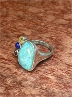 Garnet Lapis Citrene Turquoise Sterling .925 Ring