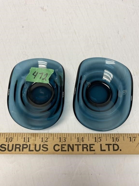 2 Blue glass votive holders