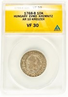 Coin 1768-B 10 Kreuzer Silver Coin-ANACS-VF30