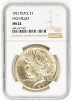 Coin 1921-P High Relief Peace Dollar-NGC MS62