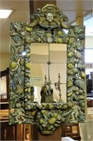Figural and Bird Carved Painted Wooden Mirror.