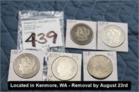 LOT, (5) MORGAN SILVER DOLLARS, (1) 1878-S, (1)