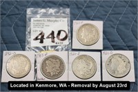 LOT, (5) MORGAN SILVER DOLLARS, (1) 1892-O, (1)