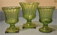 3 pcs. Green Glass Pedestal Vases