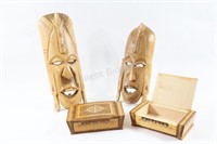 Kenya Hand Carved Masks & Folk Wooden Box