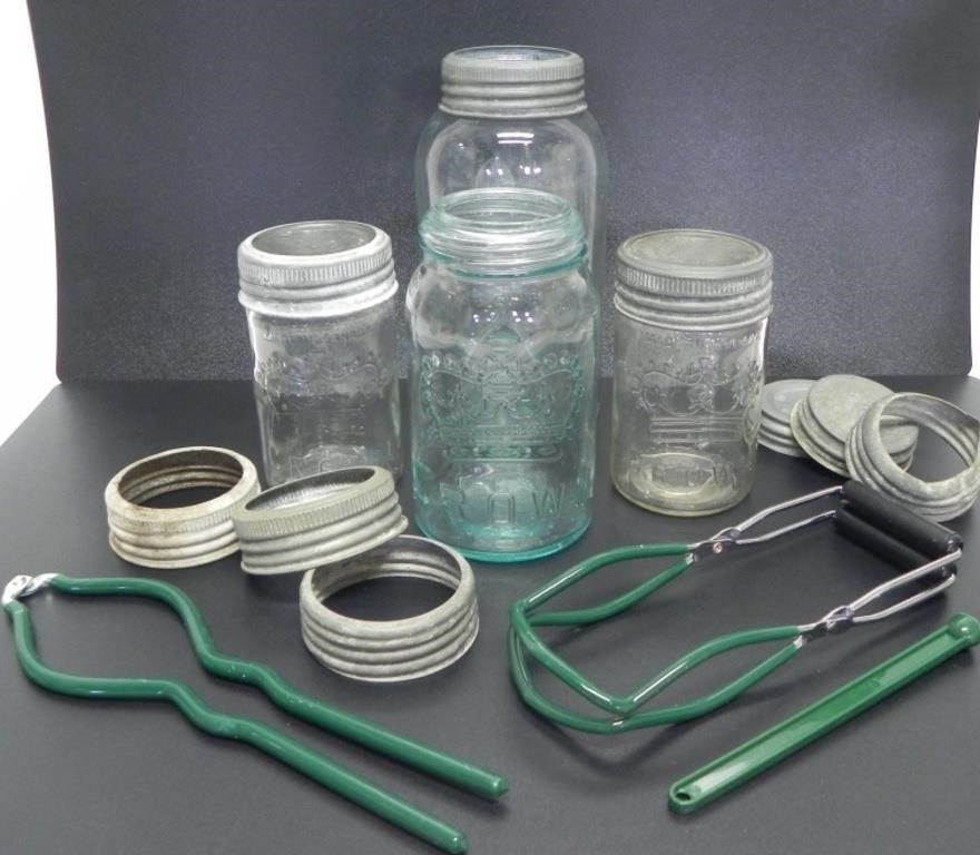 4 VINTAGE CROWN MASON JARS & CANNING TOOLS