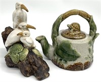 Vintage Pottery Egret Statue & Turtle Teapot
