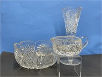 Cut Glass Vase, Bowl and  Creamer