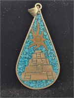 Silver & Turquoise Teardrop Pendent Mexico