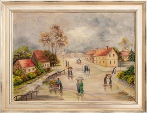 European School Rural Village Scene Oil on Canvas