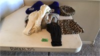 Stocking cap, scarves, gloves, and leopard purse