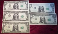 (5) 1963 Consecutive Number $1 Bills