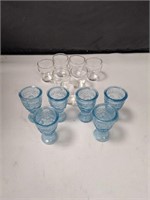 6 Vintage Blue Glass Shot Glasses & 7 Clear