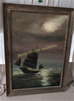 1972 Signed Oil On Canvas Ship At Stormy Sea