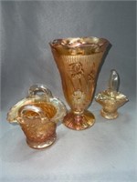 3 Pieces of Marigold Carnival Glass