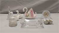 Crystal clock, swan decor & more