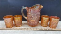 Unmarked Marigold Carnival Glass Pitcher & 4