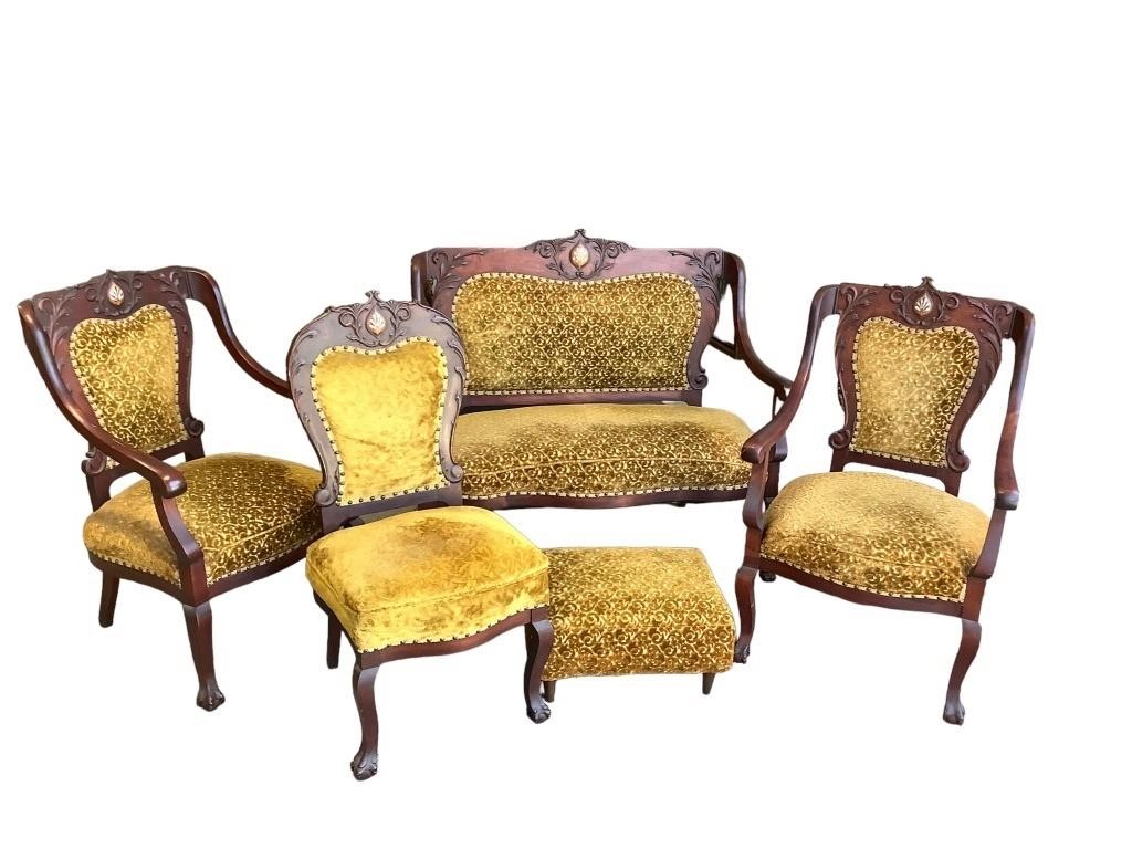 5 Pc Romantic Parlor Suite Settee & 3 Chairs