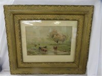 GOLD FRAMED WATERCOLOR - COWS AT WATERING HOLE