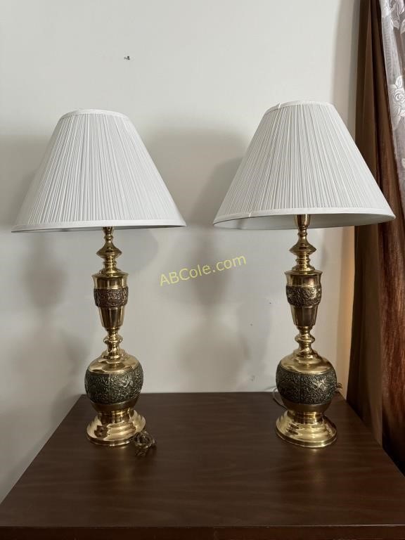 Pair of vintage brass lamps with white