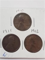 1910,1911, 1912 Wheat Pennies No Mint Mark