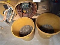 (4) Plastic Buckets Containing Air Hose, Nails,