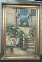 Framed Oil Painting On Canvas Of Bicycle By The
