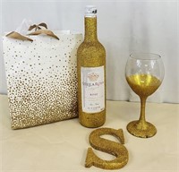 Gold Glitter Empty Wine Bottle,Glass,“S” & Bag
