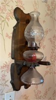 Vtg. Kerosene Lamp With Wooden Wall Mount Holder,