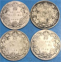 4 George V Silver Quarters