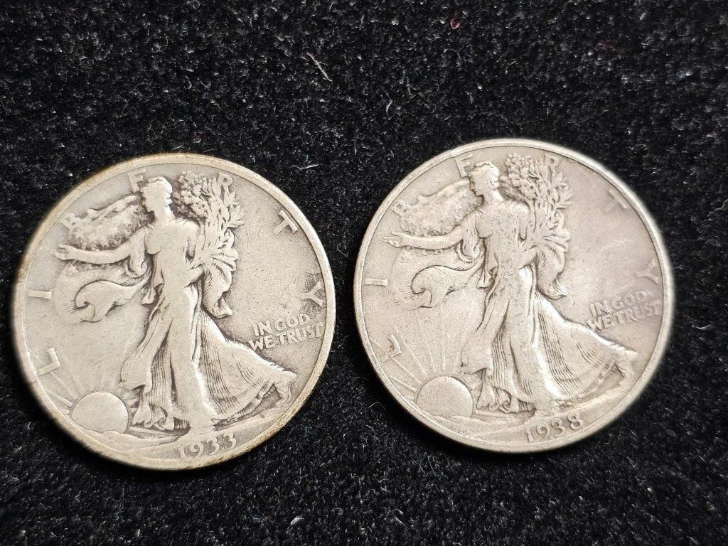 1933S & 1938 Liberty Walking Half Dollars (2)