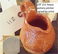hvy pottery "orange peel" pitcher SIGNED