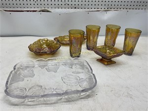 7 PIECES CARNIVAL GLASS AND CLEAR SERVING TRAY