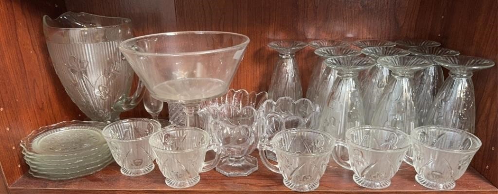 OPEN COMPOTE, IRIS PITCHER W/ GLASS & MORE