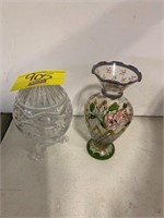 CRYSTAL EGG CANDY DISH, HAND PAINTED GLASS VASE