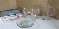 Etched Glass Pitcher, Glasses, Plates NO SHIP