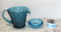 5" ART GLASS PITCHER, ASHTRAY, OZ MUSIC BOX