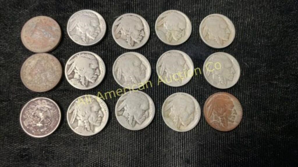12 Buffalo nickels, 2 "V" nickels & a 5 centavo