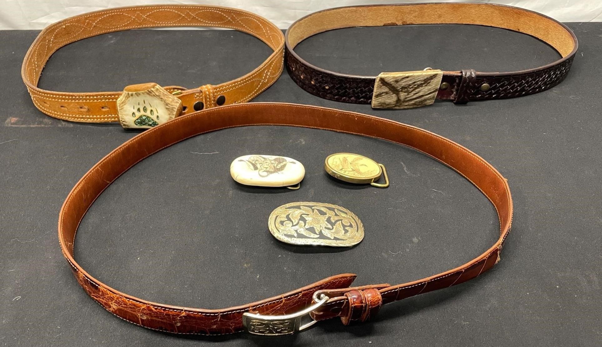 3 Belts And 3 Buckles; Ivory, Bone, Silver