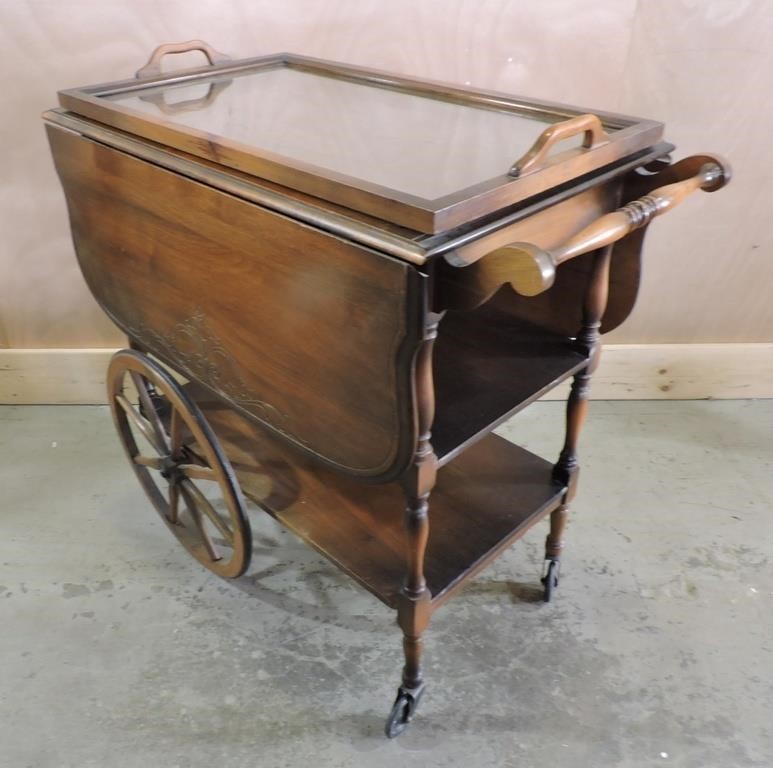 ANTIQUE MAHOGANY DROP LEAF SERVING CART/TABLE WITH