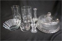 8pcs Glass Cake Stand, Vases, & Bowl++