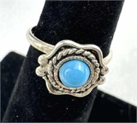 925 Silver Adjustable Turqoise Bead Ring