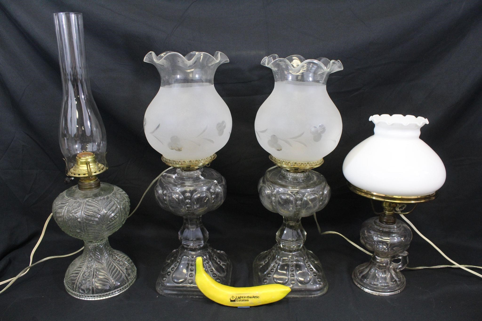 4 Vtg. Electrified Glass Hurricane~Oil Lamps